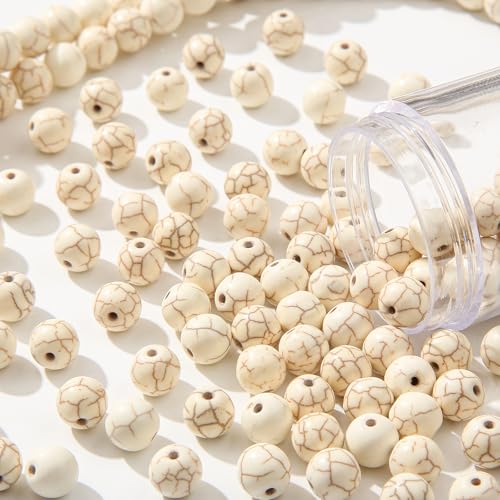 8mm White Turquoise Beads 190pcs Natural Stone Bead Gemstone Round Loose Beads for DIY Crafts Bracelet Necklace Earrings Jewelry Making(White) - color: white