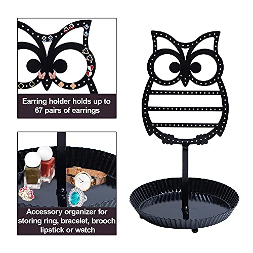 NIKKY HOME Earring Holder Hanging Organizer Stand Metal Jewelry Tree Table Top Owl Ear Stud Holder Tower Rack with Ring Tray for Girls (134 Holes), Black - color: Black