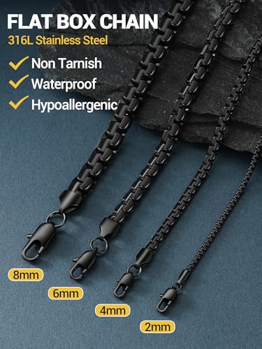 PROSTEEL Stylish Stainless Steel Flat Box Link Chain Necklace for Men, Silver/Gold/Black Tone, Hypoallergenic Jewelry, 14"-30", Come with Box - size: 20 inch(51cm), style: 4mm-Cool Black