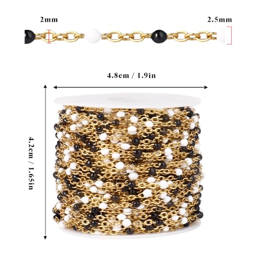 33 Feet Gold Enamel Chains Bulk, 2mm 18K Gold PVD Plated 304 Stainless Steel White Black Enamel Beaded Cable Link Chain Roll Spool for Jewelry Making - color: Gold White Black Beads