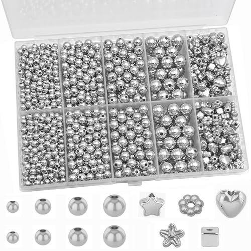 Round Spacer Beads Set for Bracelets, ABS Plastic Gold and Pearl Beads 4/5/6/8mm 4 Size Smooth Ball Bead for Jewelry Making Metal Circle Bead for Bracelet Necklace Earring Making (Silver) - color: Silver