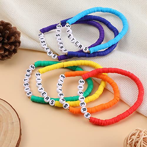 Rainbow Heishi Surfer Bracelets Set for Women Stackable Clay Beaded Bracelets Disc Stretch Preppy Bracelets Layering Colorful Friendship Bracelets Team Cheer Bulk Boho Summer Beach Jewelry Gift - style: SISTERS