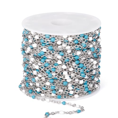 33 Feet Stainless Steel Enamel Chains Bulk, 2mm 304 Stainless Steel Blue White Enamel Beaded Cable Link Chain Roll Spool for Jewelry Making - color: Stainless Steel Blue White Beads
