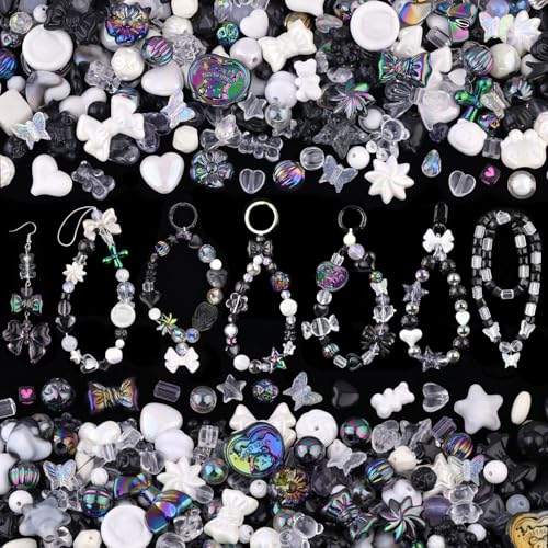 200-260PCS TINKRSTUFF Assorted Acrylic Beads Black Cute Beads for Bracelet Making, Flower Bow Butterfly GummyBear Kawaii Charms, Aesthetic Bead for Necklace Keychain Jewelry Making DIY Phone Charm - color: Black