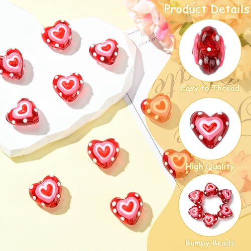 DanLingJewelry 10Pcs Handmade Lampwork Glass Red Heart Beads Colorful Bumpy Glass Heart Loose Beads for DIY Jewelry Making Craft - color: Red