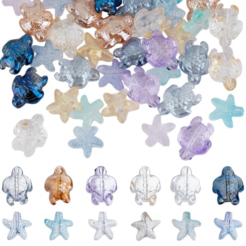 SUNNYCLUE 1 Box 120Pcs 6 Colors Glass Sea Turtle Beads Starfish Beads Bulk Summer Transparent Ocean Animal Tortoise Beads for Crafts DIY Keychains Bracelets Necklaces Jewelry Making Bead Assortments