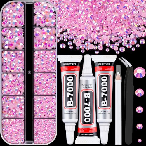Resin Rhinestones for Crafting with 3Pcs 10ml B7000 Jewelry Glue, 1 Box Light Pink AB Flatback Gems Crystals Diamond for Bedazzling Crafts DIY Nail Art Makeup, Gems for Clothing Tumblers Shoes - color: Light Pink AB, size: 1 Small Pack + 3Pcs Glue