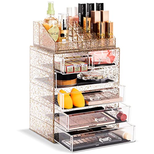 Sorbus Acrylic Makeup Organizer Set, 6-Drawer Vanity & Countertop Cosmetic Storage with Small & Wide Compartments, Glitter Makeup Storage for Brushes, Jewelry – Holiday Gift for Women & Teens - color: Glitter, size: 4 Large, 2 Small Drawers