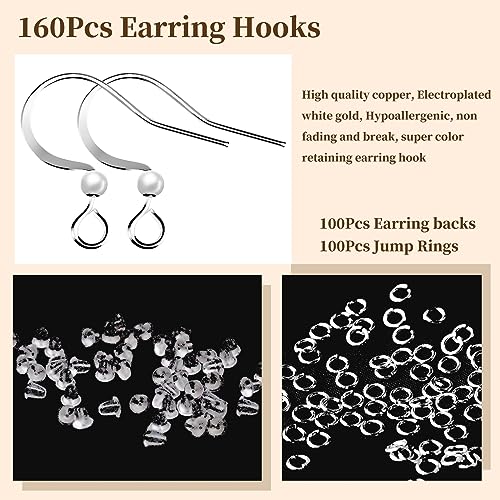 160 PCS/80 Pairs White Gold Tone Earring Hooks Hypoallergenic Ear Wires Fish Hooks with 100 PCS Clear Silicone Earring Backs and 100 PCS Jump Rings Earring Findings for DIY Jewelry Making - color: C style-White Gold Earring Hooks
