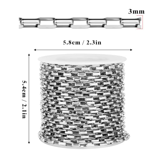 33 Feet Stainless Steel Rolo Box Chain Bulk, 3mm 304 Stainless Steel Square Cable Link Chains Roll Spool for Jewelry Making DIY Craft - color: 3MM Stainless Steel Rolo Box Chain