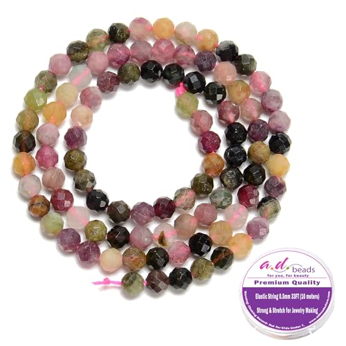 AD Beads Natural Gemstone Diamond-Cut Micro-Faceted Round Tiny 4mm Small Round for DIY Necklace Jewelry Making Beads (Multi Color Tourmaline) - color: Multi Color Tourmaline