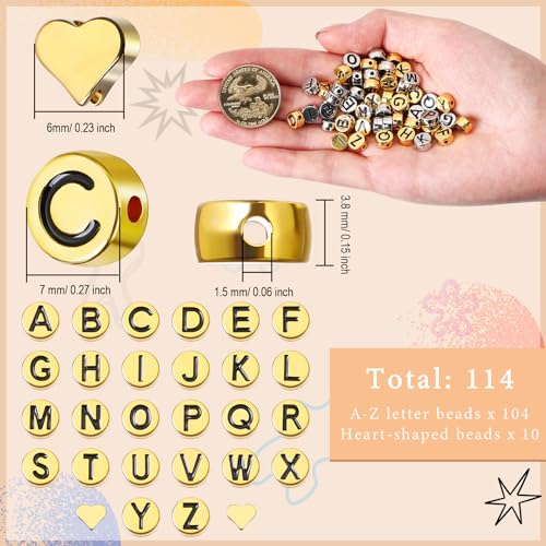 Sureio 114 Pcs Alloy Alphabet Letter Beads 8 mm Flat Round with Letter A-Z Plated Metal Initial Loose Spacer Beads for DIY Bracelet Necklace Earring Jewelry Craft Making(Gold, Silvery) - color: Gold, Silvery