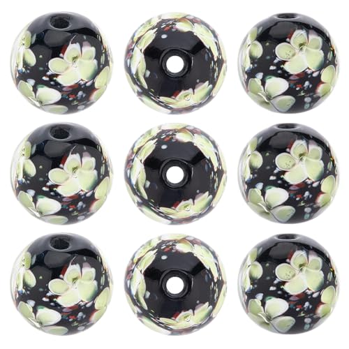 1 Box 20MM Flower Round Handmade Lampwork Beads with Holes Green Black Large Glass Inner Floral Pattern Crystal Vintage Loose Spacer Bead for Jewelry Making Bracelets DIY Craft Supplies - color: Green