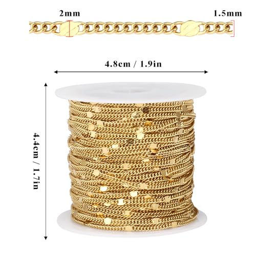 33FT 18K Gold Plated Curb Chains Bulk, 2mm Stainless Steel Flat Satellite Curb Link Chains Roll for Jewelry Making - color: Gold short embossed