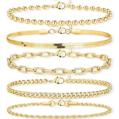 Gold Bracelets Set for Women Stack, Chunky Thick Bracelets Stack for Women Trendy, Simple Dainty Thin Gold Plated Cuff Stackable Bracelets With Beaded Cuban Paperclip Snake Rope Bangle Hand Chain Jewelry - style: Style 06-gold