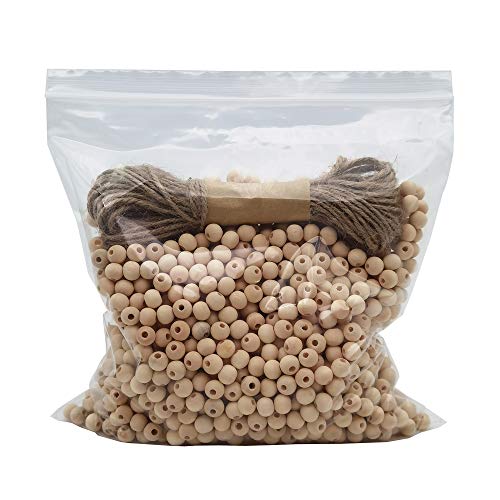 INSPIRELLE 1800pcs 8mm Natural Wood Beads Unfinished Round Wooden Loose Beads Wood Spacer Beads with 10M Jute Twine for Craft Making Home Decoration - size: 8mm