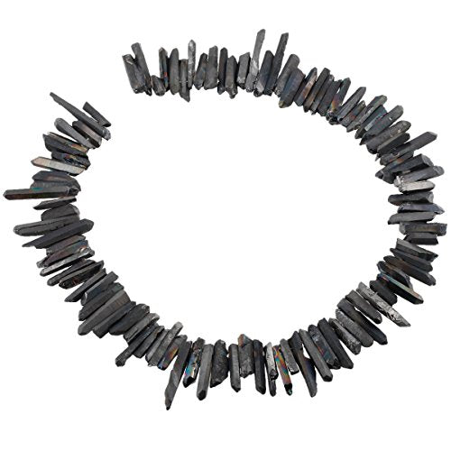 SUNYIK Black Titanium Coated Crystal Points Quartz Rough Sticks Spikes Point Beads 15 inch Strand Drilled - color: Black(Rough), size: 0.4"-1.3"