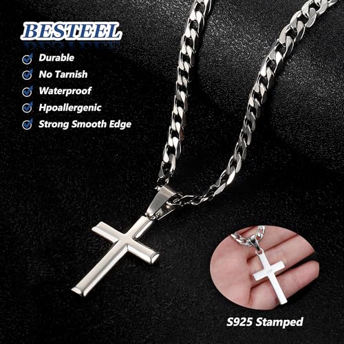 Besteel 925 Sterling Silver Cross Necklace for Men Women - 5mm 316L Stainless Steel Cuban Link Chain - Religious Baptism Easter Spring Cross Pendant Simple Faith Jewelry 16-30 Inches - size: 30 in=76 cm (Ultra Long)