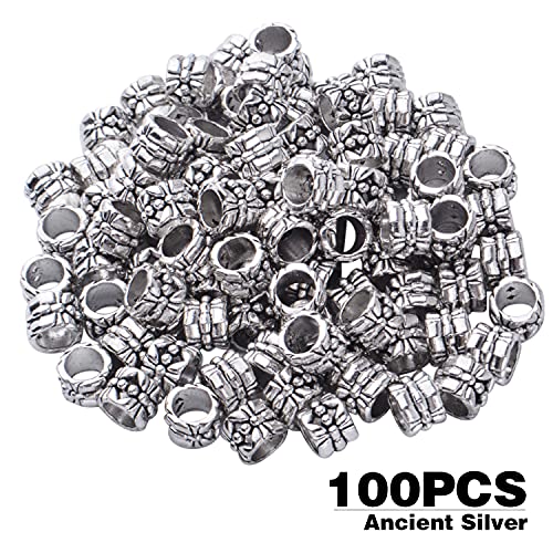 BronaGrand 100pcs Large Hole Antique Silver Flower Bead Spacers Alloy Tube Beads for DIY Necklace Bracelet Jewelry Craft Making Accessory - color: Silver1