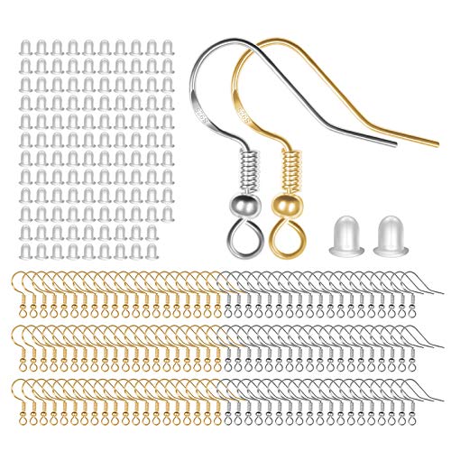 MENKEY 925 Sterling Mixed Earring Hooks 120 PCS/60 Pairs, Ear Wires Fish Hooksfor DIY Jewelry Making, Hypo-allergenic Jewelry Findings Parts with 120 PCS Clear Silicone Earring Backs Stoppers - size: 120pcs-Gold&Silver