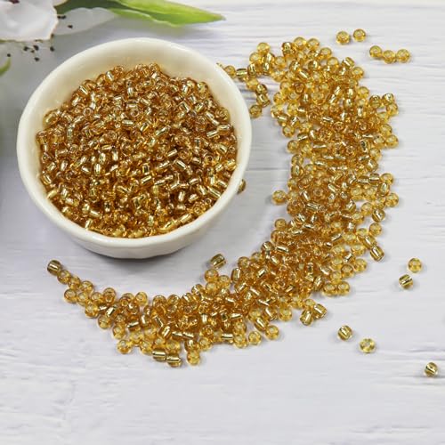 Transparent Gold with Silver Lined Beads Size 6/0 Crafts Glass Seed Beads 4mm for Jewelry Making (Total About 100g About 1200pcs) - color: Transparent Gold with Silver Lined, size: 4mm