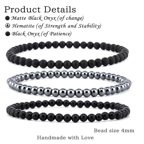 2/3-Pieces 4mm 6mm 8mm Natural Crystal Gemstone – Handmade Reiki Energy Healing Stretch Bracelets Jewelry for Yoga, Meditation, Unisex - color: 3 Pieces (BlackOnyx&Hematite&MatteBlackAgate), size: 4mm