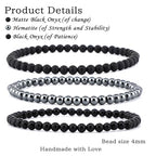 2/3-Pieces 4mm 6mm 8mm Natural Crystal Gemstone – Handmade Reiki Energy Healing Stretch Bracelets Jewelry for Yoga, Meditation, Unisex - color: 3 Pieces (BlackOnyx&Hematite&MatteBlackAgate), size: 4mm
