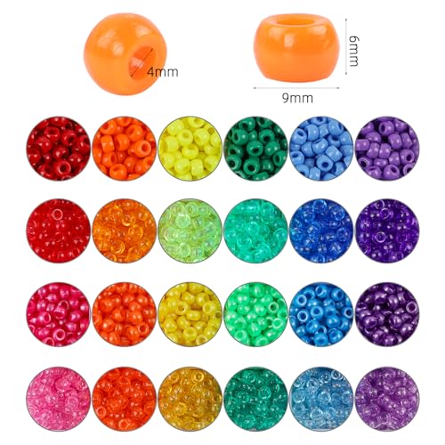2880pcs Kandi Beads for Hair Pony Beads Kit Rainbow Beads Plastic Bead for Craft 6 x 9mm 24 Colors 4 Styles Large Hole Beads Set for Bracelets Jewelry Making