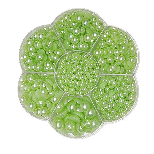 Chenkou Craft Around 1900pcs Green Assorted 7 Sizes Half Pearl Bead Flat Back Gem Scrapbook Craft DIY Loose Beads + Plastic Box (Green) - color: Green