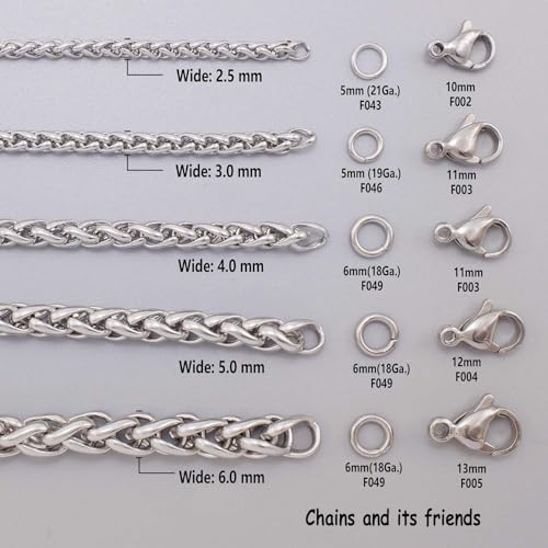 THREENEST 16.4-Feet Width 3mm Stainless Steel Wheat Chains, Permanent Craft Braided BSK Chains for Necklace Bracelet Earring Jewelry Making - color: Stainless Steel, size: Wheat Chains(Width 3mm)