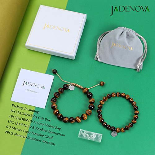 JADENOVA Natural Bead Bracelet Semi Precious Gemstone Beaded Bracelet for Women Healing Crystal Stone Stretch Bracelet Men Couple Bracelets (2pcs,6-8mm/8-10mm) - color: Yellow Tiger Eye, size: 8mm/10mm