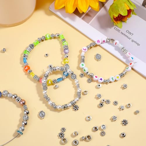 200PCS 1-5mm Hole Spacer Beads Tibetan Antique Silver Rondelle Spacers Bead, Assorted Styles Metal Filigree Loose Ball Bead Charms Kits for Bracelets Jewelry Making
