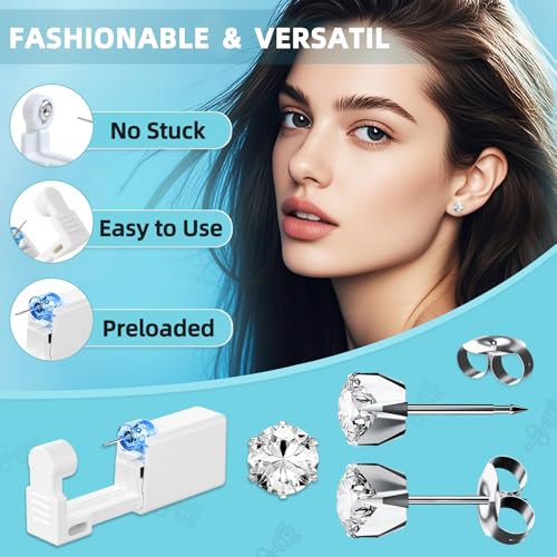 Nunpag 12 Pcs Ear Piercing Kit Disposable Ear Piercing Gun Kit with 4 Pcs 6 Prong Setting Cubic Zirconia Earrings Stud 316L Stainless Steel Easy to Use at Home Self Ear Piercer Gun Kit Tool, Silver - color: Silver