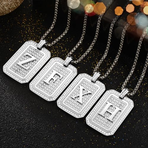Initial Pendant Necklace Men Women Uppercase Silver Letter Diamond A-Z Stainless Steel Box 22 Inch - color: Silver-C