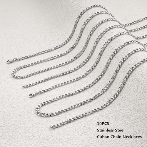 Silver Curb Cuban Link Chains for Jewelry Making Stainless Steel Chain Set Men and Women Necklace Bulk (10pcs,18inch) - color: Steel 18", size: 1.4mm