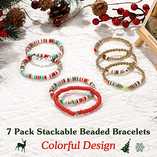 Emibele Colorful Stretch Bracelet Stack Boho Beaded Bracelet Set Heishi Surfer Bracelet Stackable Y2K Trendy Jewelry Friendship Multiple Set Women Fans - style: Red & Green &Gold 7PCS