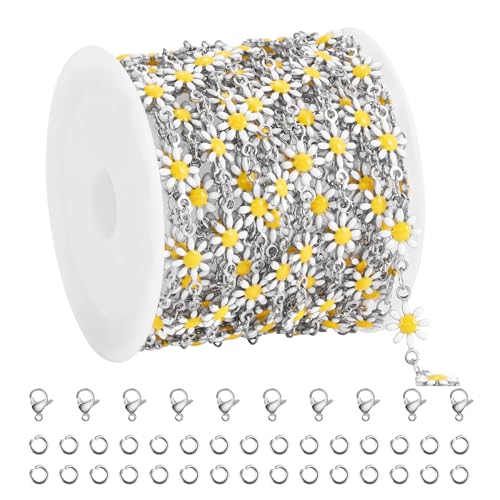 SMYHTGLIF 9.8 Feet White Daisy Chain for Jewelry Making Silver Plated Chain Bulk Roll Stainless Steel Flower Jewelry Making - color: White Silver