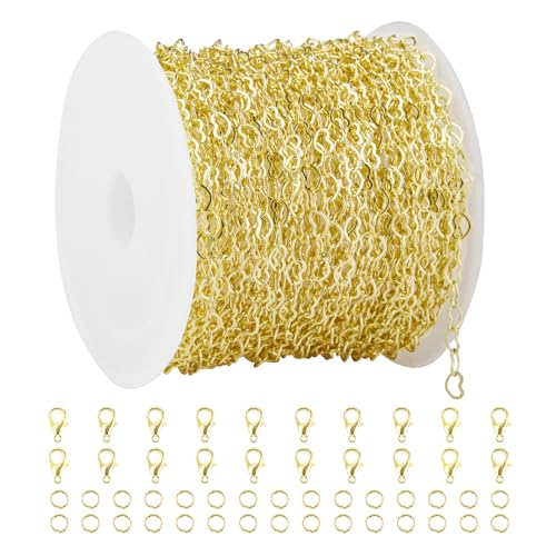 Crisjanggo 32.8 Feet 14K Gold Plated Brass Chains for Jewelry Making Chains Roll with Jump Rings and Lobster Clasps Gold Heart Shaped Jewelry DIY Craft Chains - color: Heart Gold