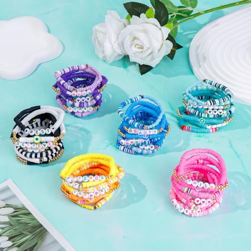 LUYI 32 Pcs Preppy Jewelry Bracelets for Women Clay Bead Colorful Surfer Heishi Bracelet Set Stackable Beaded Friendship Stretch Bracelets Boho Y2K Summer Beach Elastic Layering Bracelets - style: 48PCS-Bracelets