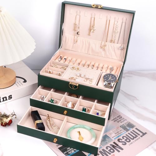 Jewelry Organizer Box PU Leather Double-Layer Pull-Out Drawer & Multiple Compartments - Premium Jewelry Storage for Necklaces, Rings, Bracelets - Nice Christmas Gift for Women, Men - color: Green