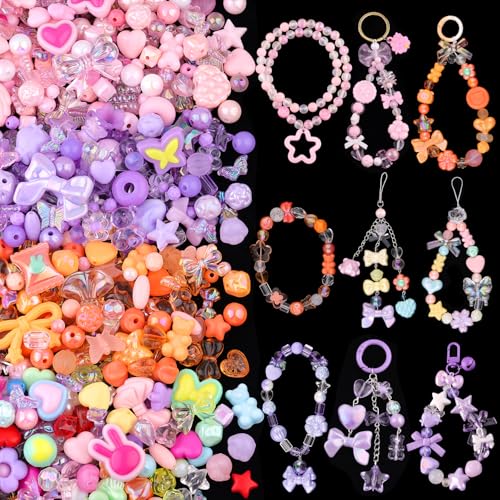 210-270PCS TINKRSTUFF Assorted Acrylic Beads, Mixed Cute Beads for Bracelet Making, Bow Aesthetic Flower Star Butterfly GummyBear Kawaii Charms for Jewelry Necklace Making DIY Keychain Phone Charm - color: 160g-4 Color Series-Pink+Orange+Purple+Mixed Colo