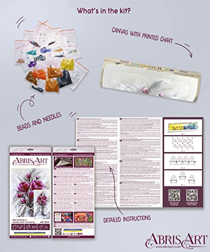 Bead Embroidery Kit Red Emerald. DIY Beadwork Craft Kit for Beginners. Hand Made Beading kit from Abris Art, Ukraine. Stylish needlework set, needlepoint pattern red tulip flower purple decor wall art