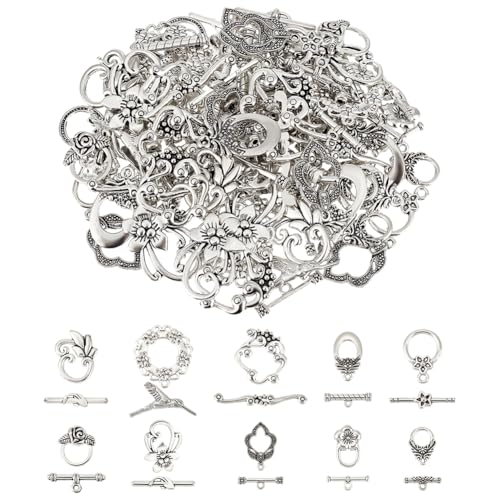 PH PandaHall 60 Sets Flower Toggle Clasps 10 Styles T-bar Closure Clasps Toggle Jewelry Clasp Flower Leaf Bird Metal Bar and Ring Clasp Connectors for Necklace Bracelet Jewelry Making, Antique Silver