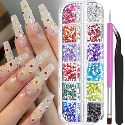 4000pcs 2mm Flatback Nail Art Rhinestones, Resin 3D Sparkling Nails Crystal Diamonds Gems Mini Charms with Tweezers and Dual-end Brush for Nail Art, Crafts Artwork DIY, Face Makeup Gems Jewels (6-K1) - color: 6-K1-soild-color