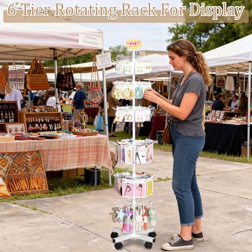 Retail Display Stand Store Display Rack 6 Tier Metal Spinning Display Stand Rack with Wheels Keychain Jewelry Stocking Hat Stand with Hooks for Malls, Showroom, Retail Store (6 Tier White) - color: 6 Tier White