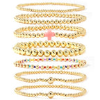 14K Gold Beaded Cross Beaded Bracelet Stack Set for Women,7PCS Bohemian Colorful Beads Ball Stretch Stackable Bracelets Trendy Holiday Birthday Gift - color: Pink