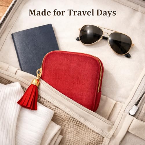 Small Travel Jewelry Pouch for Women, Compact Travel Jewelry Pouch with Layered Storage, Zippered Jewelry Travel Bag for Rings, Earrings, Bracelets, Necklaces (Classic Red) - color: Classic Red