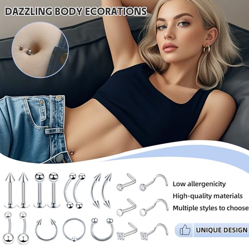 TKKUY 80PCS Nose Piercing Kit: Stainless Steel Body Piercing Jewelry with 12G, 14G, 16G, 20G Needles for Ear, Nose, Lip, Eyebrow