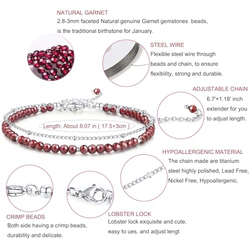 Peridot Stand Silver Gold Bracelets, Handmade Birthstone Stack Bracelet Crystal Gemstones Bead Chain Gift for Women, 8" - color: Silver-01-Jan Garnet