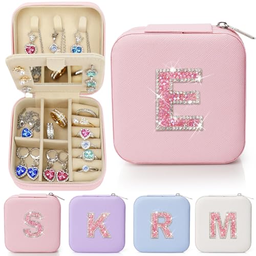 Sparkling Initial Jewelry Box Organizer,Personalized Travel Jewelry Box for Girls & Women,Glitter Rhinestone Jewelry Case Gifts for Easter, Birthday & Christmas,Small Size (Pink, E) - color: Pink, size: E